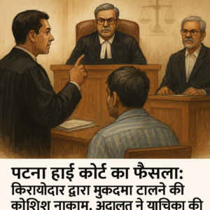 Illustration of a courtroom scene with judge and lawyers during an eviction delay hearing