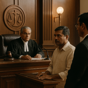 Indian courtroom scene showing judge and accused during hearing on misappropriation of diesel grants