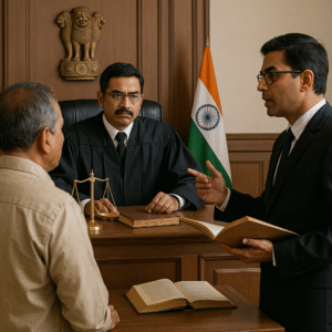 Indian courtroom scene during disciplinary case about pension dispute