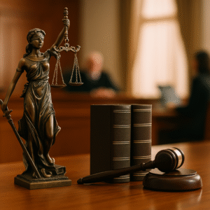 Courtroom scene with Lady Justice statue and gavel symbolizing maintenance case decision by Patna High Court