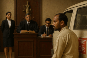 Courtroom scene depicting a man accused in an election-related FIR hearing at Patna High Court.