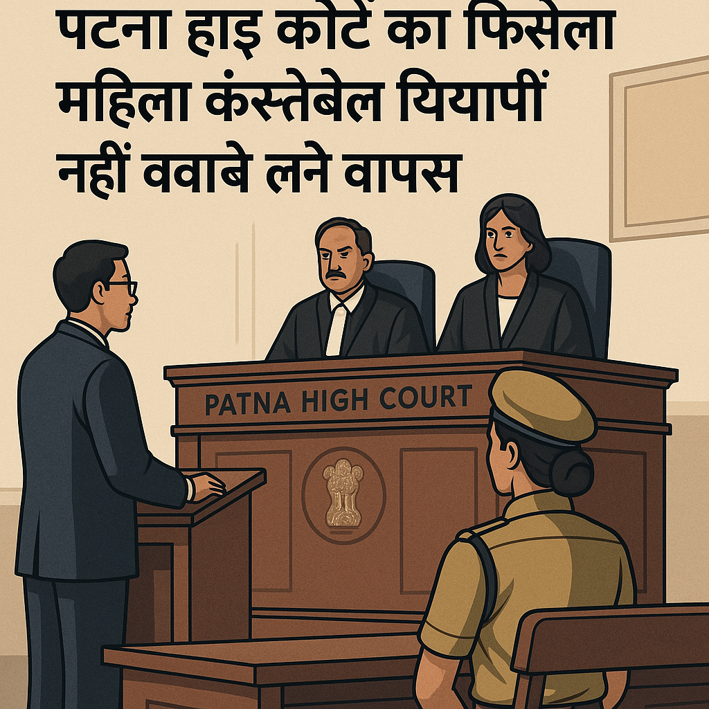 Courtroom illustration showing Patna High Court hearing on police constable’s resignation case