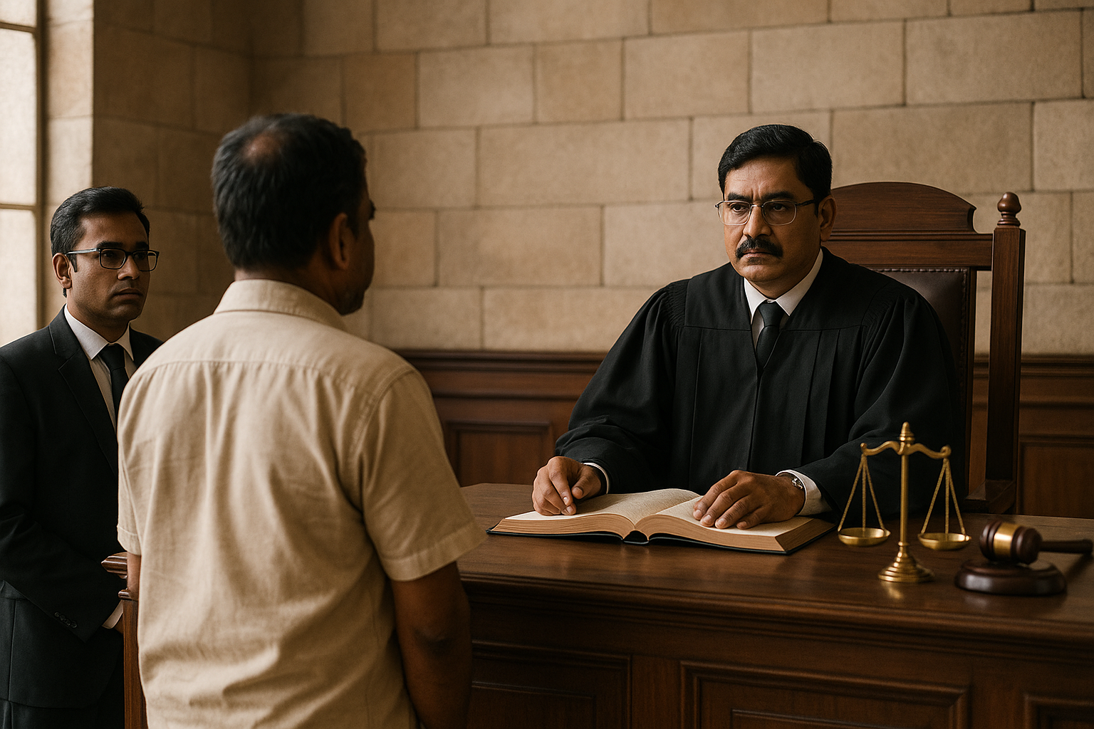 Indian courtroom scene depicting judge, lawyer, and borrower in SARFAESI case context