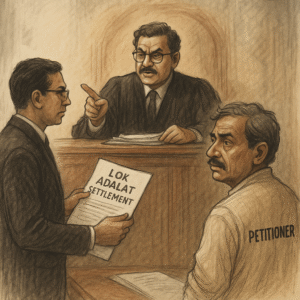 Courtroom illustration showing judge, lawyer, and borrower in Lok Adalat settlement dispute