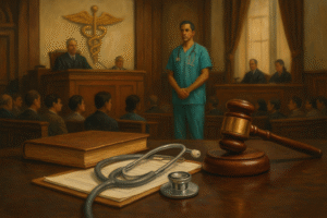Courtroom illustration depicting healthcare integration in Bihar’s district courts, with a doctor, gavel, and medical tools
