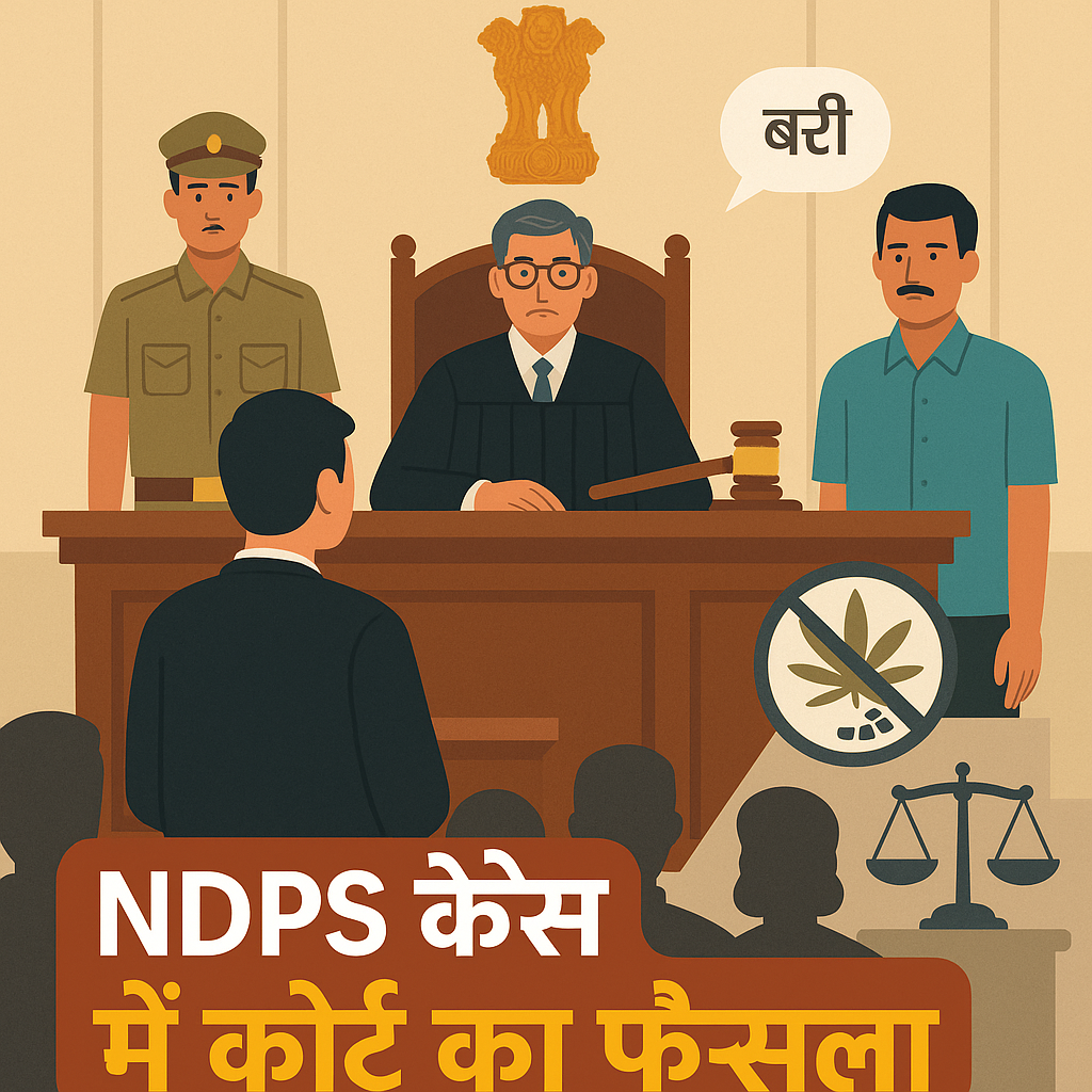 Courtroom illustration showing acquittal in NDPS case, with judge, police, and released defendant