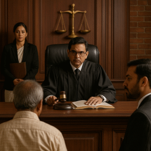 Courtroom scene depicting judge and lawyers during a disciplinary hearing about government fund misappropriation