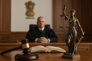 Indian courtroom scene showing justice balance and gavel during a legal dispute on transporter blacklisting