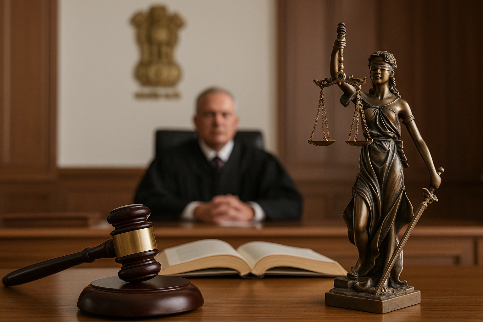 Indian courtroom scene showing justice balance and gavel during a legal dispute on transporter blacklisting