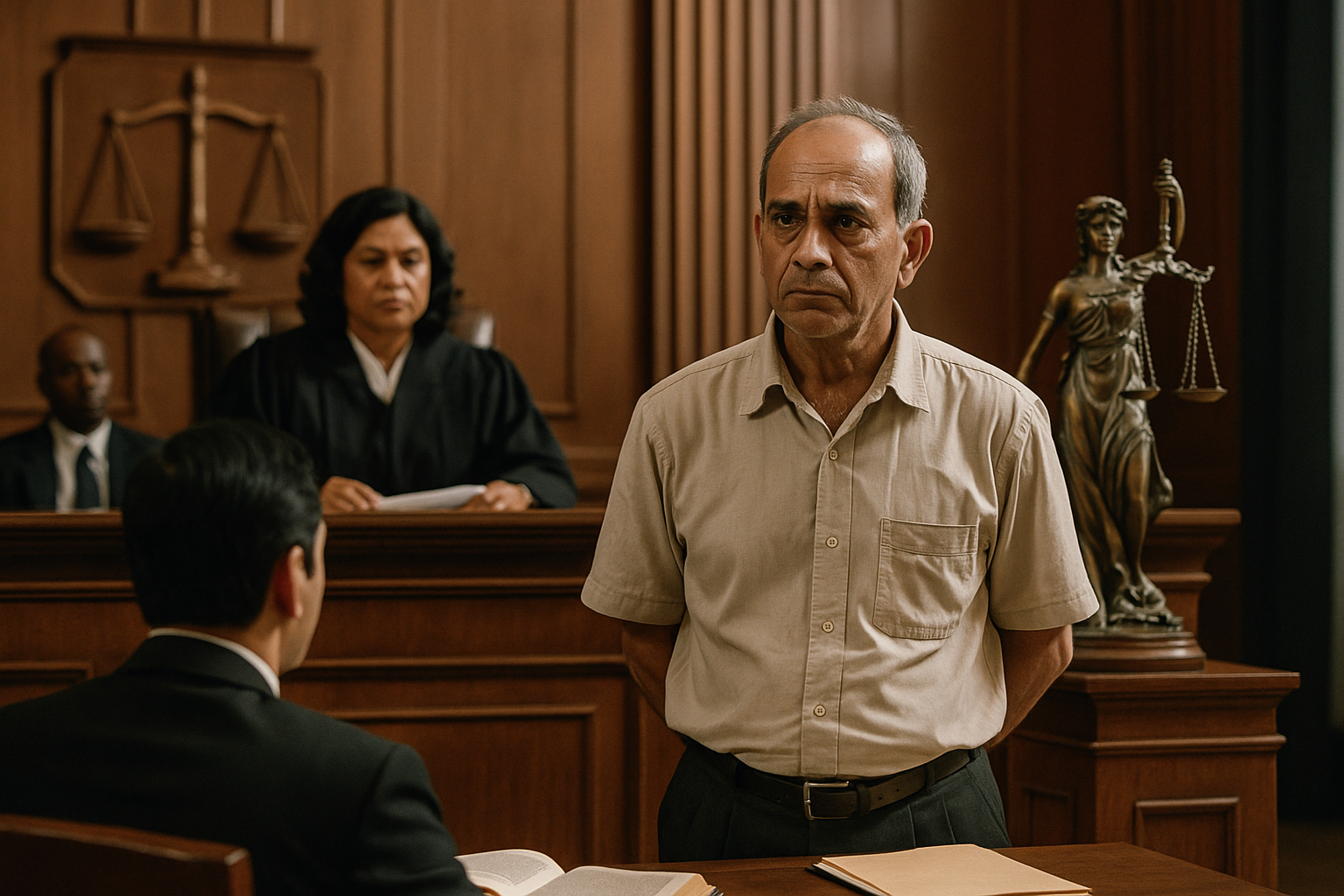 Courtroom scene of elderly man facing judge in dismissal and acquittal case decided by Patna High Court