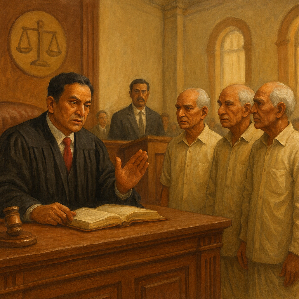Courtroom illustration showing elderly retired judicial officers hearing a pension-related verdict from a judge