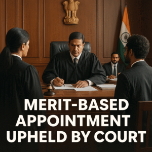 Indian courtroom scene showing a judge hearing a case on merit-based appointment in local panchayat