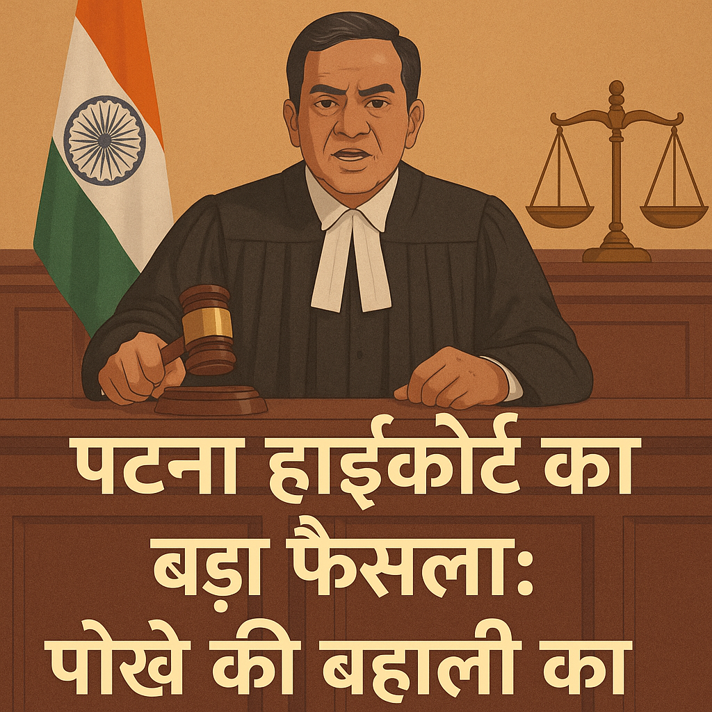 Illustration of Indian judge delivering verdict on village pond restoration case in Patna High Court