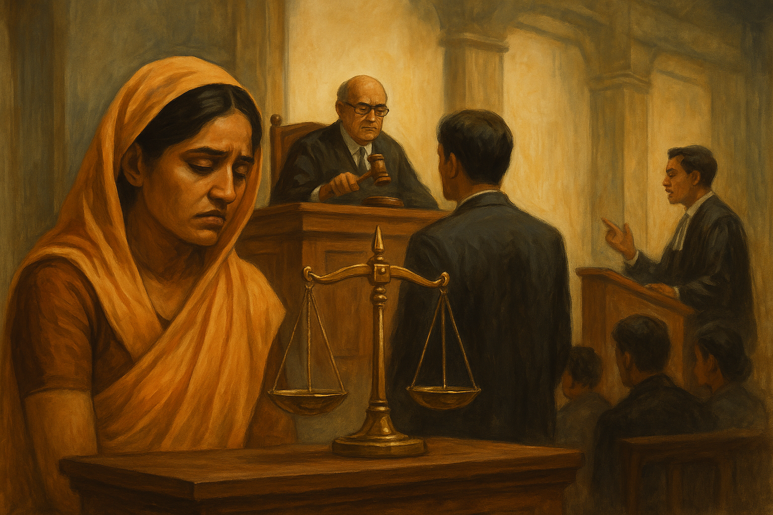 Courtroom scene depicting a widow's plea for compensation related to election duty death during voter awareness campaign