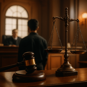 Courtroom illustration showing juvenile trial and justice scale in Patna High Court
