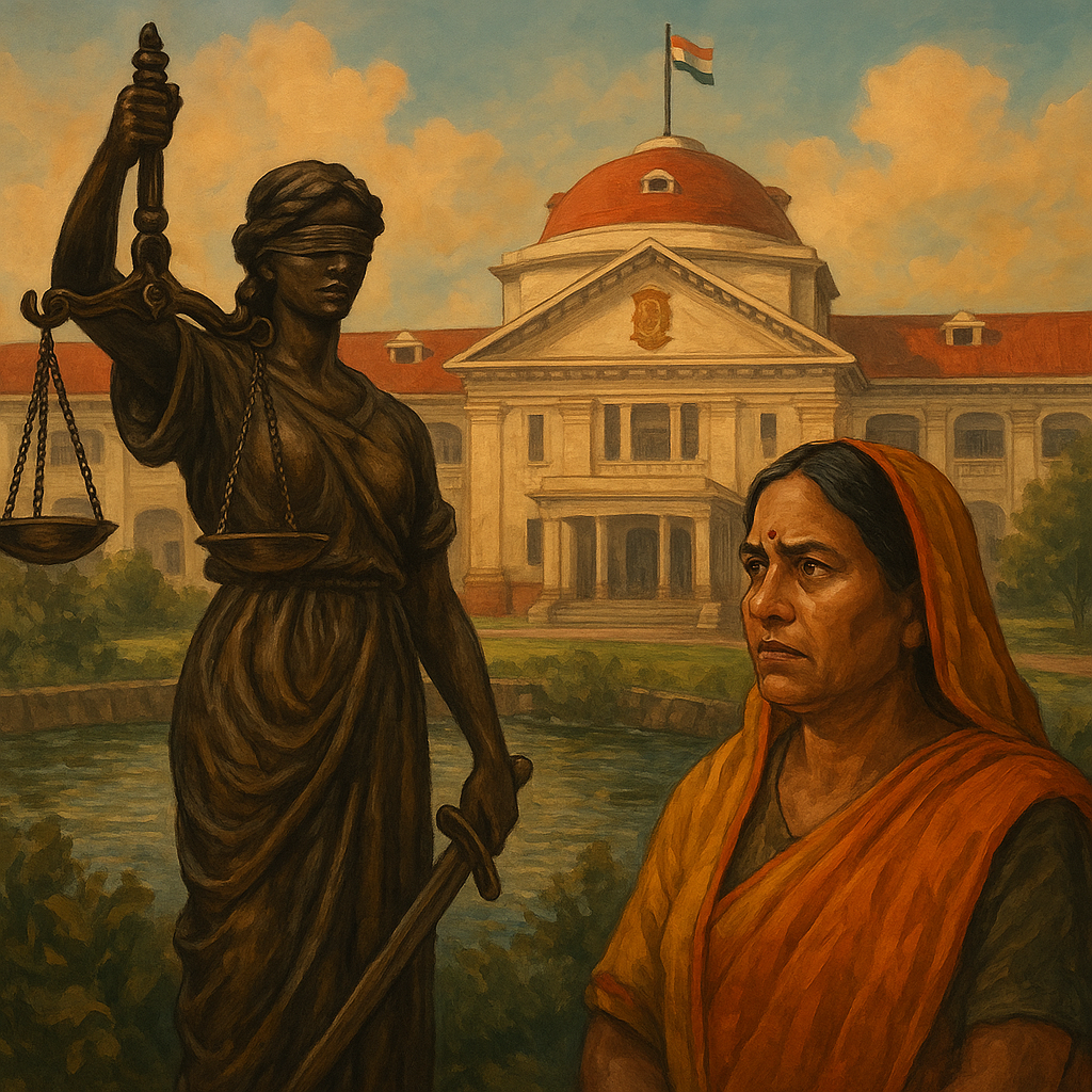 Indian woman facing justice statue outside Patna High Court in pond land dispute case