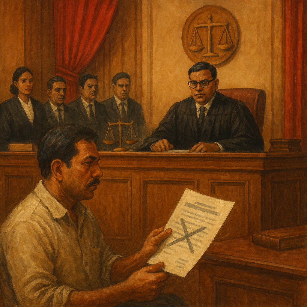 Courtroom illustration showing judge reviewing a fake certificate submitted by contractor in government tender dispute