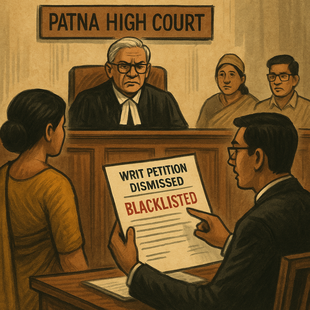 Illustration of a Patna High Court hearing involving a blacklisted contractor challenging a government transport tender