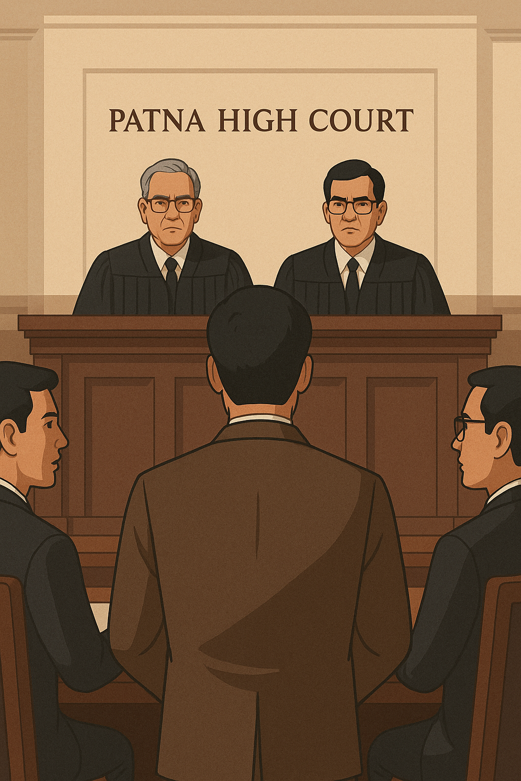 Courtroom scene showing judges hearing a blacklisting appeal case at Patna High Court