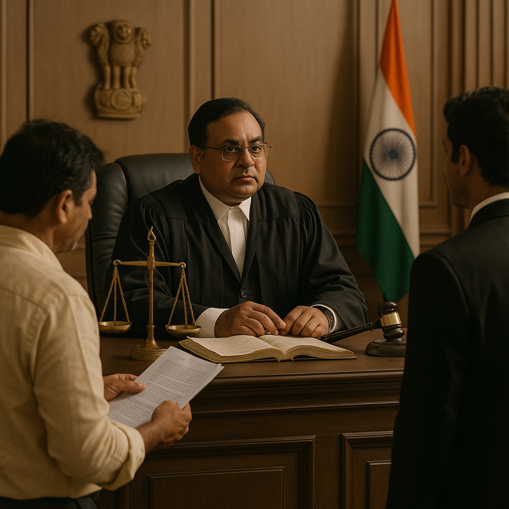 Courtroom scene depicting judge hearing arguments on government tender eligibility dispute