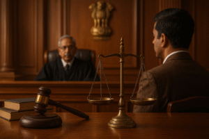 Indian courtroom scene showing justice scale and judge during contractor blacklisting case