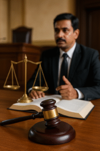 Courtroom scene with gavel and lawyer representing coal contract dispute resolved by Patna High Court
