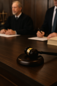 Courtroom image showing gavel and judge during verdict on teacher’s exam tampering case by Patna High Court
