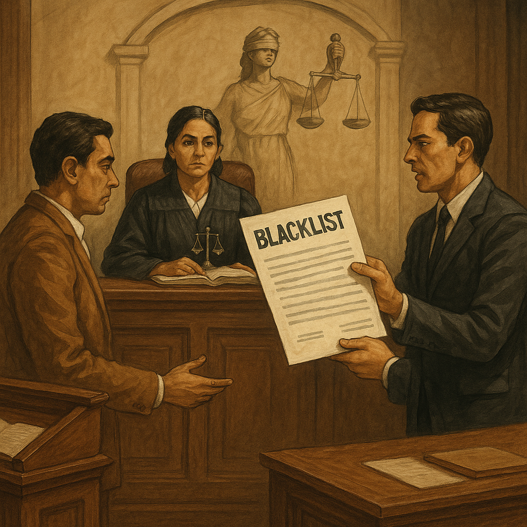 Courtroom illustration showing judge and lawyers in a blacklisting dispute
