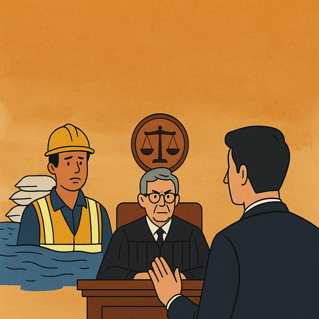 Illustration of courtroom scene involving dispute over flood relief tender in Bihar" Illustration of courtroom scene involving dispute over flood relief tender in Bihar