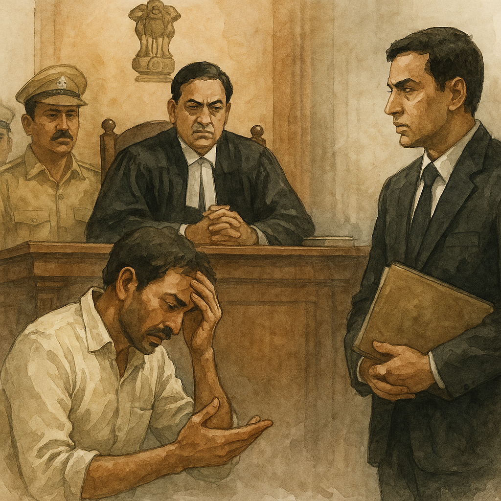 Courtroom illustration showing a distressed contractor, judge, and legal advocates during a debarment dispute case in Patna High Court