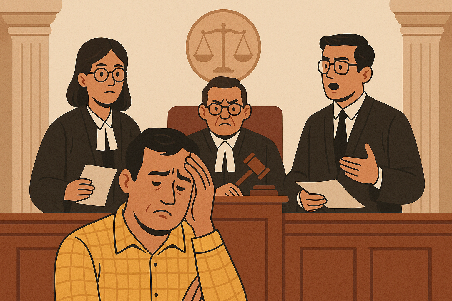 Illustration of an Indian courtroom scene with a distressed contractor and judges deliberating a blacklisting case in Patna High Court