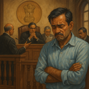 Traditional courtroom scene showing a distressed contractor and judges deliberating legality of blacklisting under SBD clauses