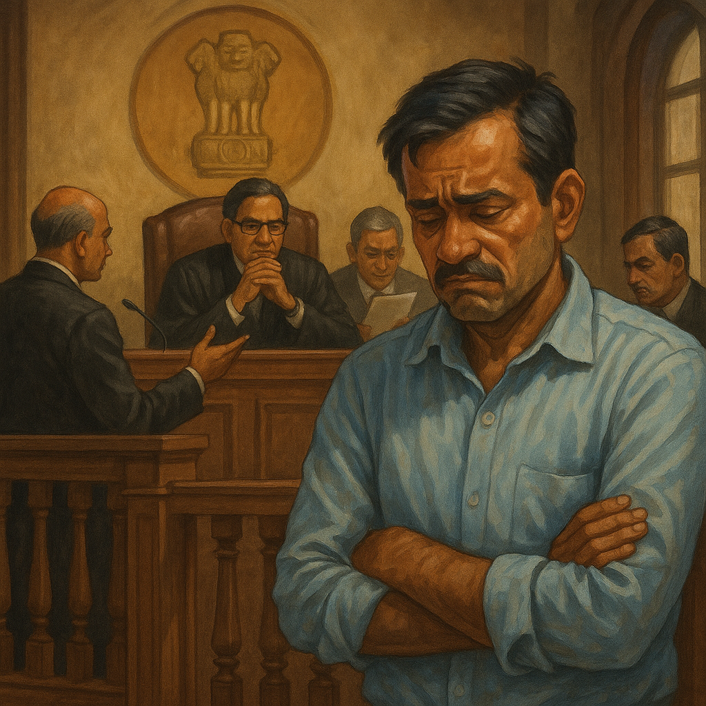 Traditional courtroom scene showing a distressed contractor and judges deliberating legality of blacklisting under SBD clauses