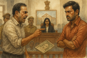 Courtroom illustration of two Indian men arguing in property dispute before judge in Patna High Court