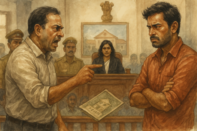 Courtroom illustration of two Indian men arguing in property dispute before judge in Patna High Court