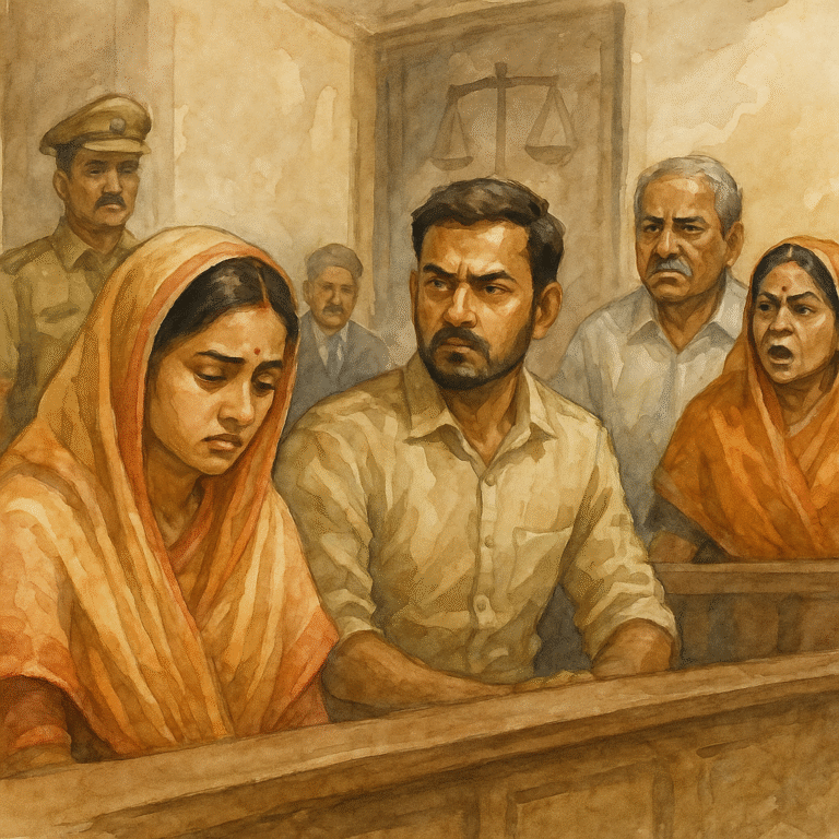 Courtroom illustration showing dowry harassment dispute in Patna High Court involving in-laws