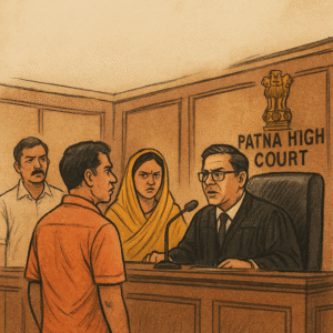 Sepia-toned courtroom scene showing Patna High Court judge hearing a land dispute fraud case