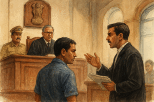 Courtroom watercolor showing Patna High Court hearing on blacklisting without contract authority