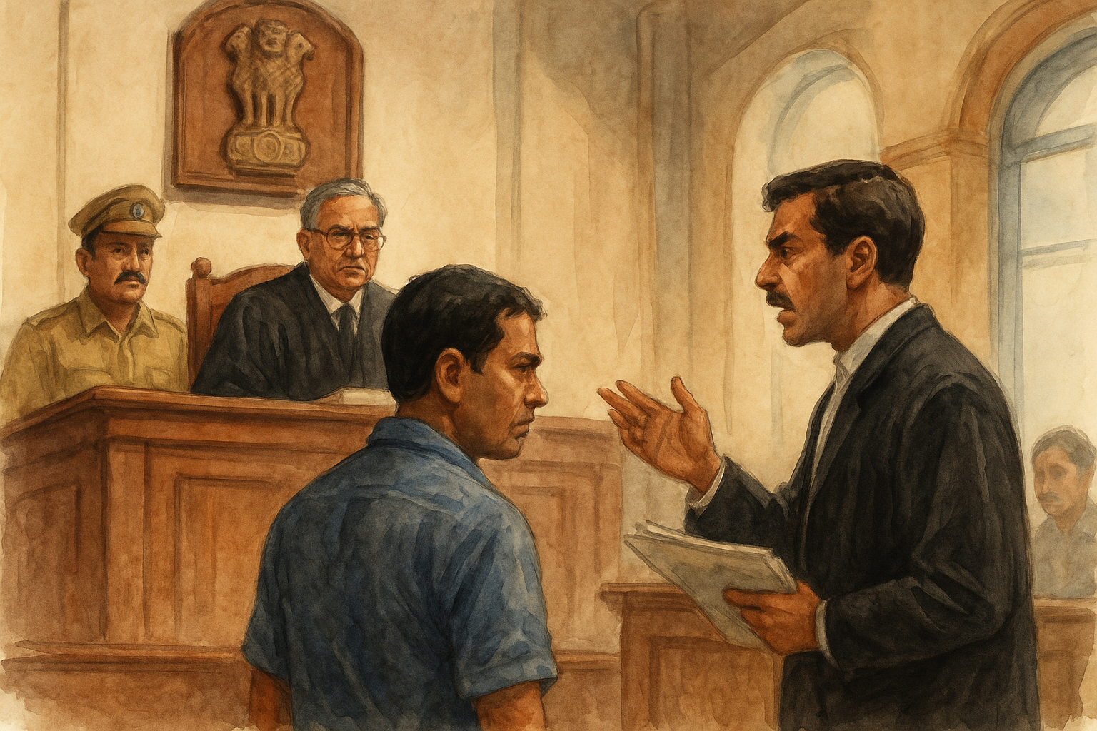 Courtroom watercolor showing Patna High Court hearing on blacklisting without contract authority