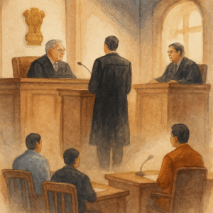 Watercolor courtroom illustration showing Patna High Court reviewing blacklisting procedure
