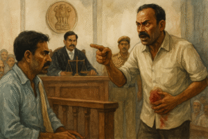 Courtroom painting showing victim identifying shooter in a Patna High Court wedding firing case