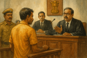 Courtroom watercolor showing a tender participant being questioned by judges in a criminal concealment case