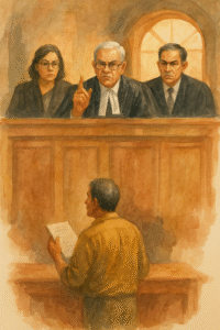 Watercolor painting of an Indian courtroom scene where a contractor presents his case before judges in a blacklisting dispute