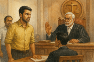 Courtroom illustration of Patna High Court ruling on B.Pharma eligibility for pharmacist recruitment