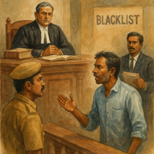 Courtroom scene of Patna High Court hearing about contractor blacklisting and repeated writ abuse.