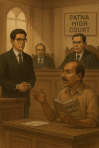 Courtroom illustration of legal dispute over textbook scrap sale heard by Patna High Court