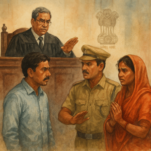Courtroom illustration showing land mutation dispute and D.C.L.R.’s authority reviewed by Patna High Court