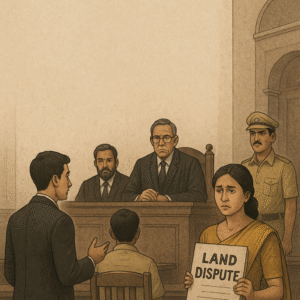 Courtroom scene depicting land dispute and judges hearing a civil reference under Section 113 CPC in Patna High Court