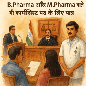 Courtroom watercolor scene depicting debate on pharmacist eligibility for B.Pharma and M.Pharma candidates in Patna High Court