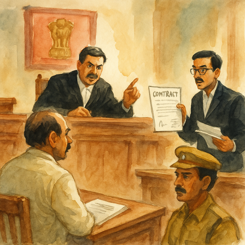 Watercolor illustration of Indian courtroom hearing on land dispute involving alleged fraud and contract papers